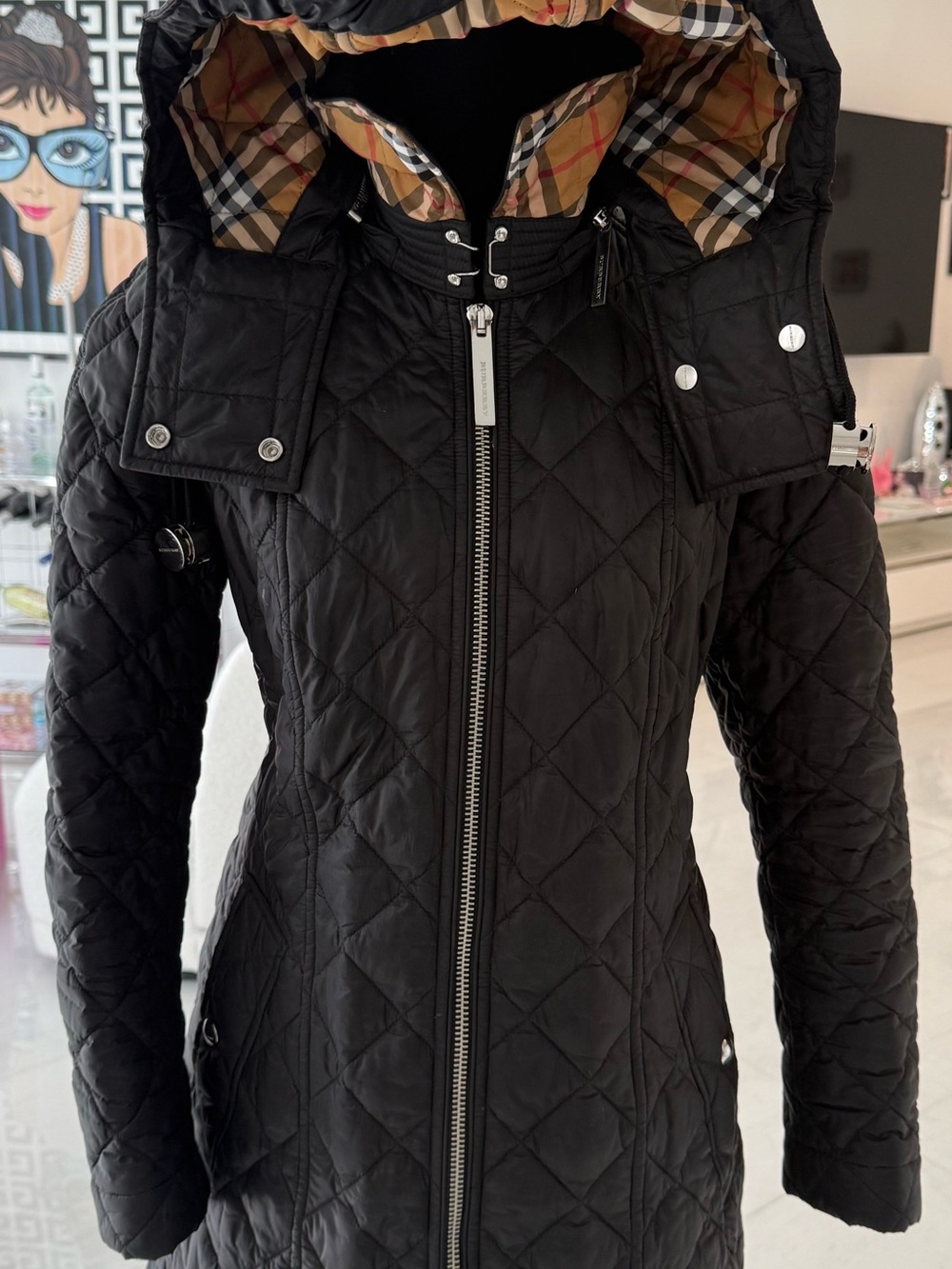BURBERRY Finsbridge Black Belted Quilted Jacket W Detachable Hood Size L - Picture 8 of 10